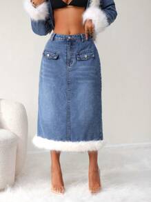 SHEIN SXY Women Casual Patched Fuzzy Hem Washed Denim A-Line Skirt, AutumnThermal Thickened Denim - Medium Wash - View 2