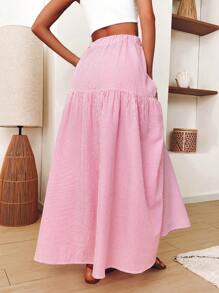 SHEIN VCAY Women's Elastic Waist Loose Striped & Floral Print Skirt, Vacation Style,Back To School For Daily Wear,Fall Outfits,Commute,Minimalist,Office,Old Money,Simple,Teacher Clothes,Pink Women Skirt,Light Pink Skirt,Fall Women Outfits,Pink Costume - Pink - View 2