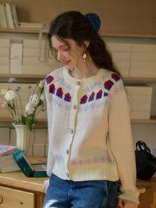 Simple Retro 女士圆领印花撞色毛衣开衫 - 杏色 - 查看 5