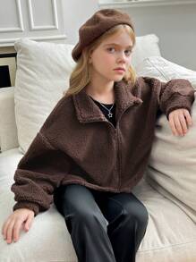 Tween Girls' Casual Relaxed Comfy Soft Warm Hooded Fuzzy Jacket With Hand Mittens - Brown - View 8
