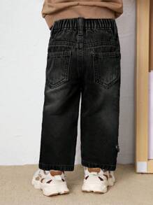 SHEIN Baby Boy Casual Stonewashed Cute Star Patchwork Straight Legs Blue Denim Jeans,For Fall And Winter Outdoor Wear - Black - View 3