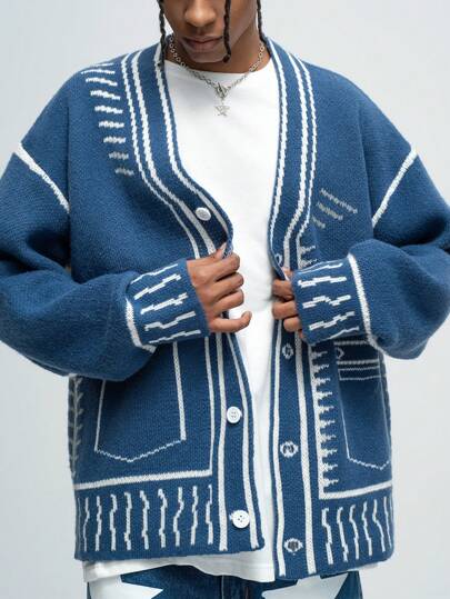 Street Life Cárdigan casual de una hilera de botones de manga larga con hombros caídos y decoración de bolsillo para hombres en otoño/invierno