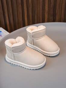 Children's Winter Outdoor Fashion Solid Color Thermal Lined Leather Waterproof Snow Boots, Flat Pull-On Short Boots For Christmas