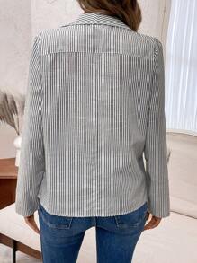EMERY ROSE 女士条纹翻领休闲长袖开襟夹克，秋季 - 黑與白 - 查看 2