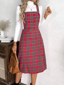 EMERY ROSE Women's Vintage Plaid Side Button Midi Dress, Casual Style For Autumnchristmas Women Dress