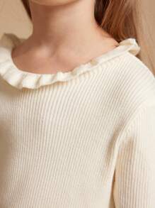 SHEIN 女童纯色荷叶边长袖休闲针织衫，秋冬季 - 白色 - 查看 4