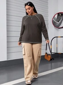 SHEIN EZwear 大码撞色圆领长袖秋季 T 恤