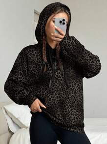 Flirla Sudadera con capucha casual de manga larga con estampado de leopardo