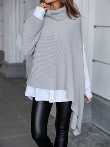 Chiquease High Neck Asymmetric Hem Pullover Sweater Knit Pullover Fall Winter Outfit - Grey - View 3