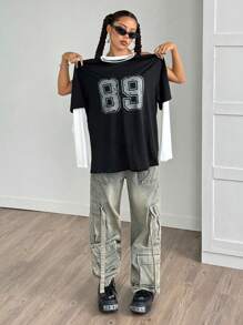 StreetHx 女士数字印花圆领长袖时尚二合一 T 恤，秋季图案 T 恤女式上衣，适合春季服装