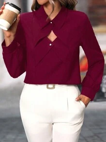 SHEIN Clasi 1 件女式纯色开领长袖衬衫，秋季时尚设计 - 酒紅色 - 查看 6