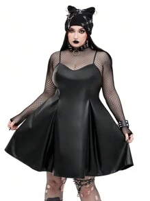 Flirla Váy da PU không tay có viền bèo nhún phong cách Gothic Punk cỡ lớn có thể điều chỉnh - màu đen - Xem 6