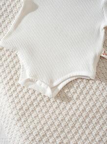 Cozy Pixies 6pcs/Set Newborn Baby Girl/Boy Solid Color Ribbed Soft Round Neck Short Sleeve Romper With Bib, Suitable For Baby Shower, Party, Gift, Newborn - Pink - View 12