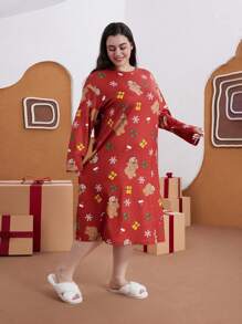 We Bare Bears X SHEIN 大码布朗熊圣诞礼物图案酒红色宽松 T 恤睡衣 - 紅色 - 查看 4