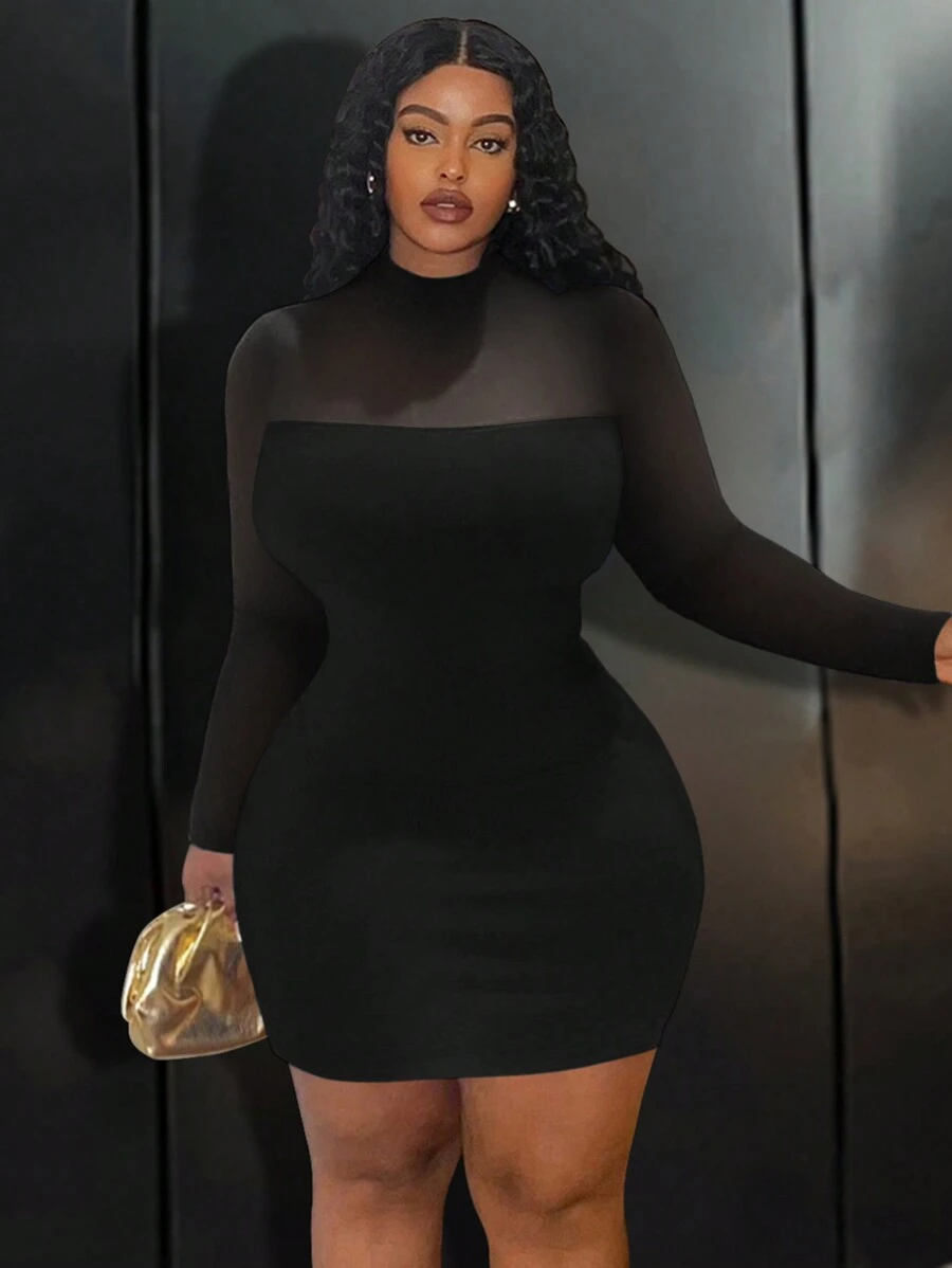 Slaydiva Vestido corto de manga larga con cuello alto falso, contraste de malla y ajuste elegante y estilizado en talla grande - Azul