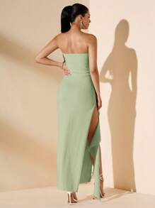 SHEIN BAE 无袖露肩褶皱高开叉荷叶边裹身长裙，白色，适合伴娘婚礼派对和夏季场合