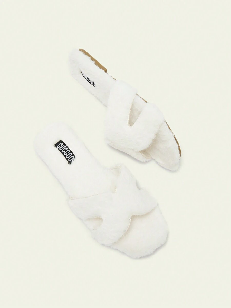 Cuccoo Women's Fashion Black Fluffy Mule Slip-On Flat Sandals New Year Holiday Valentines