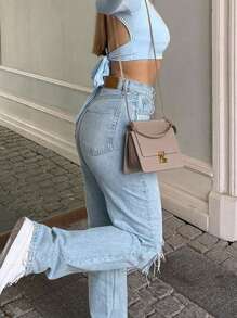 NVFelix 女士做旧直筒牛仔裤，复古休闲户外风格，蓝色，适合冬季、感恩节和新年穿着 - 淺色水洗藍 - 查看 8