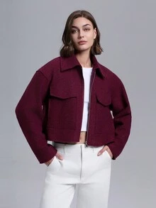 Women Casual Solid Color Drop Shoulder Loose Flap Pocket Zipper Front Short Jacket - Burgundy - View 7