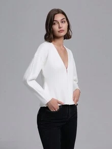 Women's Solid V-Neck Loose Batwing Cardigan - White - View 3