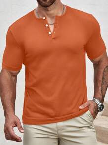 Manfinity RelaxMax 男士纯色纽扣半襟短袖休闲 T 恤 - 橘色 - 查看 1