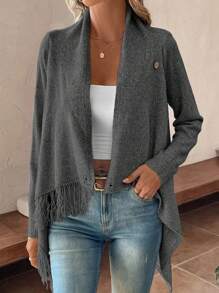 SHEIN LUNE Cárdigan de manga larga con cuello drapeado, cruce, adornado con flecos y bajo asimétrico de unicolor