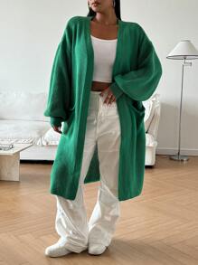 Flirla Plus Size Women's V-Neck Loose Long Lantern Sleeve Casual Knit Cardigan Sweater