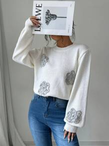 SHEIN Unity Women Floral Pattern Round Neck Casual Fashionable Long Sleeve Knit Sweater Top, Knit Pullover Fall Winter - White - View 6