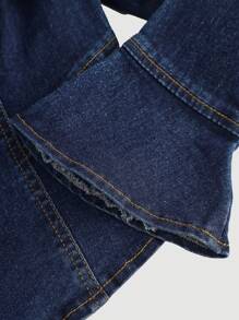 SHEIN 1pc Teen Girls Blue Denim Off Shoulder Split Hem Fitted Blouse