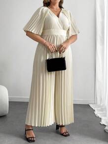 Celure Plus Size V-Neck Collared Foldover Jumpsuit With Long Sleeves