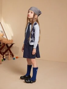 PrepCrw Young Girl Casual Diamond Pattern Button-Up Cardigan, Suitable For Autumn/Winter - Blue - View 8