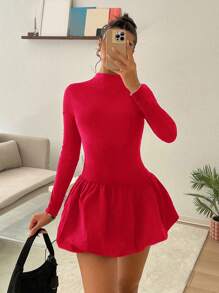 SHEIN EZwear Đầm dài tay ôm vừa vặn cổ tròn họa tiết hoa cho nữ - Đỏ - Xem 6