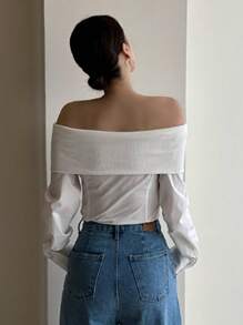 DAZY Women's Off-Shoulder Patchwork Fitted Blouse, Fall Top Long Sleeve Top Going Out Tops - White - View 2