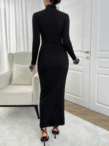 SHEIN Cottnline Women Pearl Detailed Extra Long Strech Rib Dress - Black - View 2