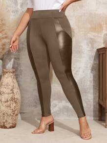 EMERY ROSE 大码女式 PU 皮革拼接紧身裤，秋装