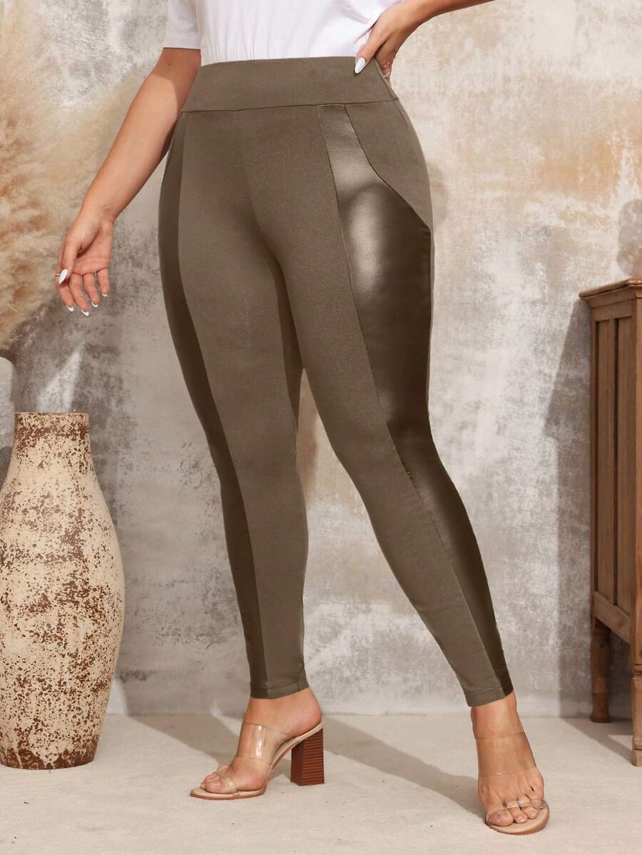 EMERY ROSE 大码女式 PU 皮革拼接紧身裤，秋装