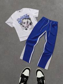 Manfinity EMRG 2 件大码男士街头风格图案字母和人物印花 T 恤和抽绳腰喇叭裤套装 - 彩色 - 查看 1