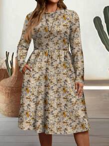 EMERY ROSE Casual Minimalist Vintage Floral Print Figure-Hugging Round Neck Long Sleeve Plus Size Dress, Suitable For Autumn/Winter - Apricot - View 1