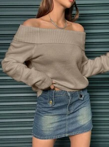 SHEIN Unity Casual Solid Color Off Shoulder Cropped Knit Sweater, Autumn Knit Pullover Fall Winter - Coffee Brown - View 6