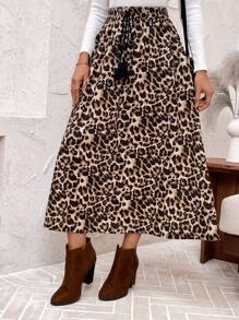EMERY ROSE Women Tie Front Fringe Detail Leopard Print A-Line Casual Skirt - Brown - View 4