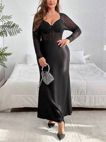 SHEIN Privé 大码 2 件套：钻石装饰紧身胸衣上衣和高腰纯色裙子，适合秋冬季派对穿着 - 黑色 - 查看 7