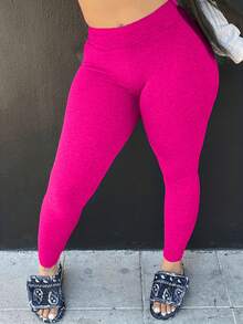 Plus Size Casual Solid Color Elastic Waist Leggings Spring - Hot Pink - View 3
