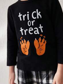 SHEIN Young Boys Funny Letter & Pumpkin Printed Black Knit Long Sleeve T-Shirts For Halloween, Autumn/Winter - Black - View 8