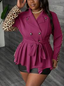 Slaydiva Plus Size Women's Elegant & Casual & Party Wear Coat With Asymmetrical Hem, Solid Color And Leopard Print Patchwork Design, With Belt, Autumn/Winter - Hot Pink - View 2