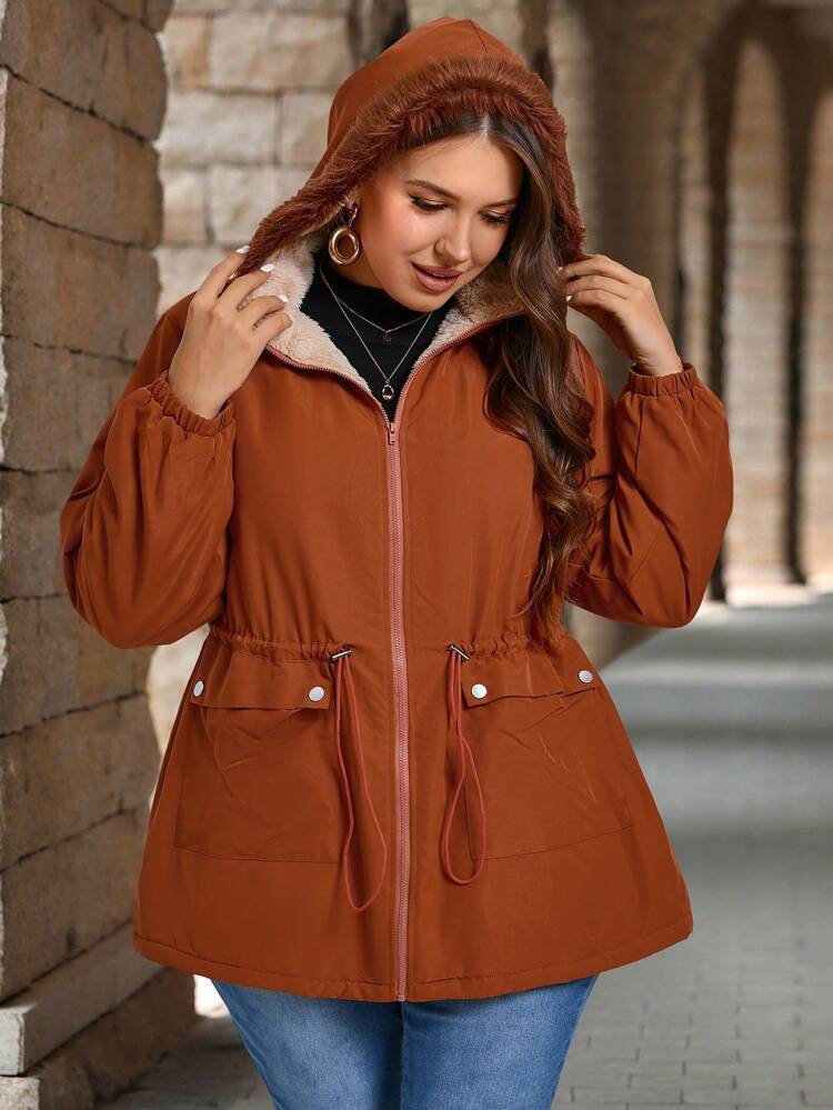 Plus Size Front Zipper Long Sleeve Pocket Minimalist Hooded Casual Winter Coat, Autumn&Winter Women Clothes