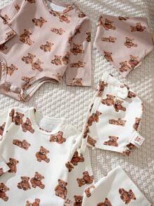 Cozy Pixies Ensemble de 5 pièces pour bébé fille: Bonnet en maille avec oreilles 3D d'ours de bande dessinée doux, bodies, bavoir, convient pour le printemps/automne, intérieur, extérieur, décontracté, fête du premier mois et autres occasions