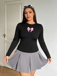 SHEIN EZwear 大码女式休闲蝴蝶印花修身长袖黑色 T 恤，秋季 - 黑色 - 查看 6