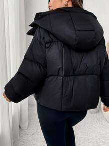 SHEIN Frenchy Plus Size Fluffy Hooded Padded Coat - Black - View 2