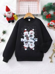 Tween Girl Christmas Snowman Print Sweatshirt - Black - View 1