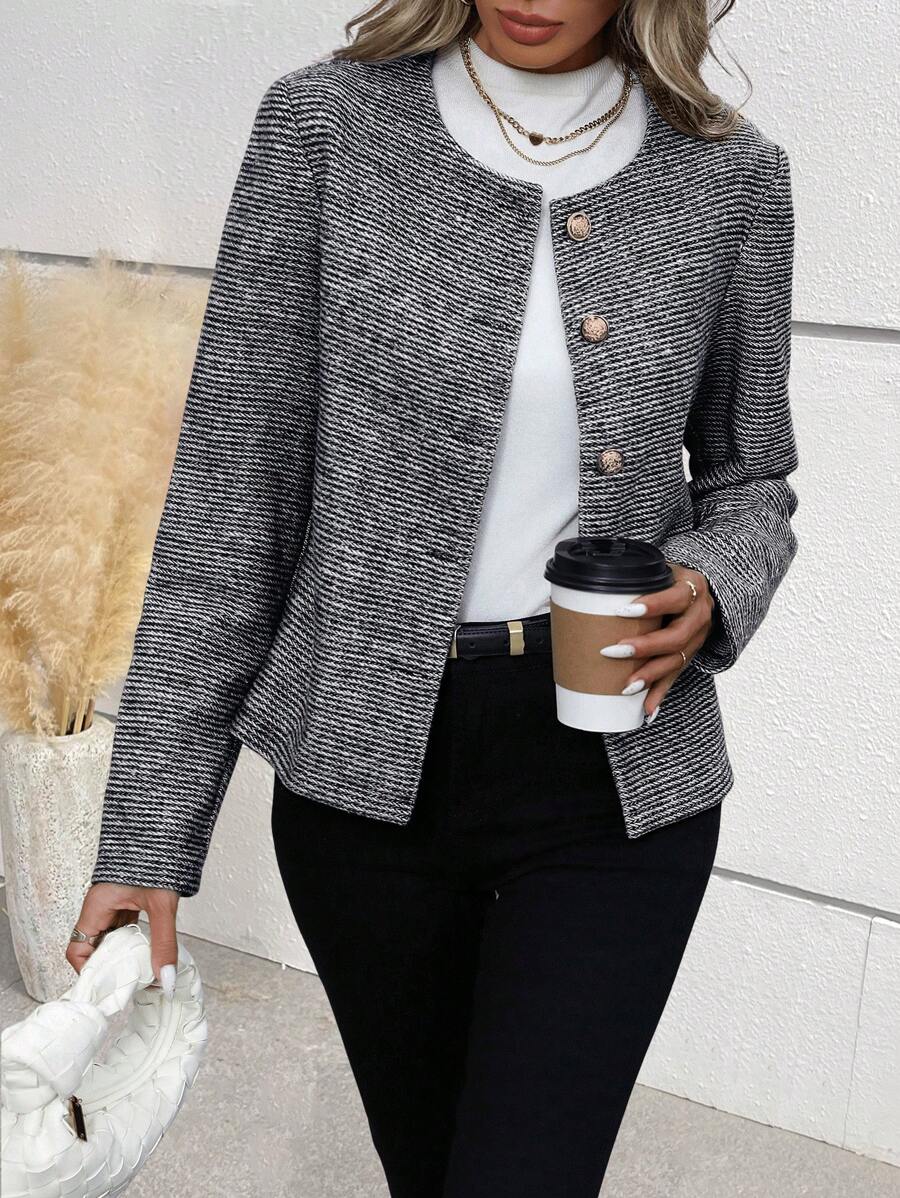 Chiquease Ladies' Elegant Casual Fall/Winter Wool Blend Long Sleeve Blazer - Black - View 1